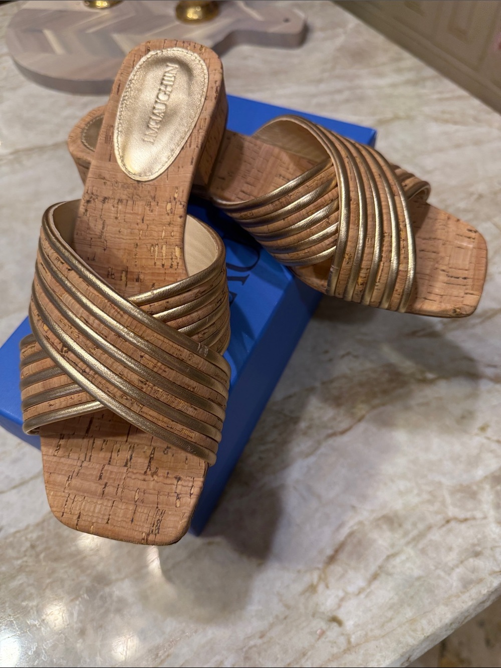 Metallic Gold Cork Slide Sandals with Crisscross Straps
